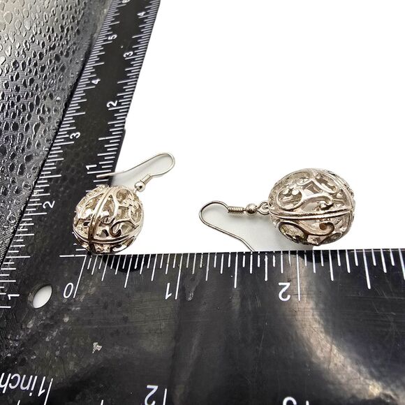 Pierced Earrings Flower Ball Filigree Dangle Silver Tone French Wire Style - Picture 3 of 5